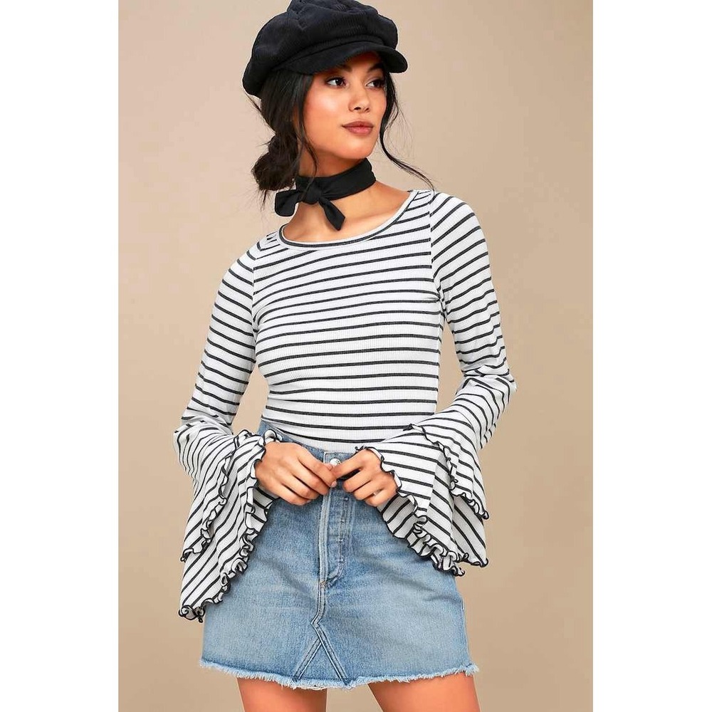 Free People Striped Knit Top Flare Bell Sleeve Boho Good Find Lettuce Hem Medium